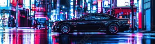 Obraz na płótnie A sleek black sports car parked in a neon lit urban street w salonie