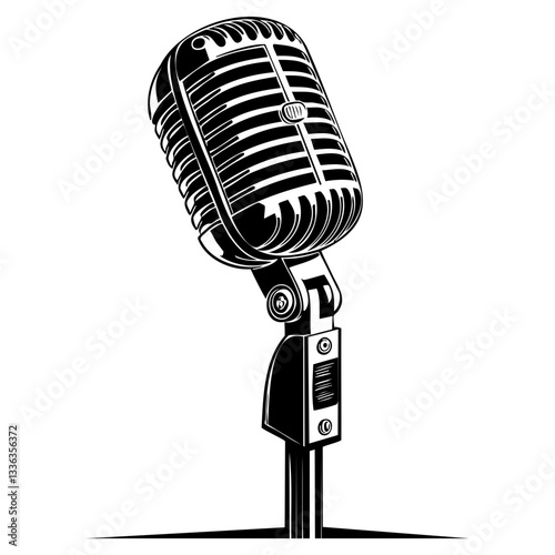 Vintage microphone in black and white illustration