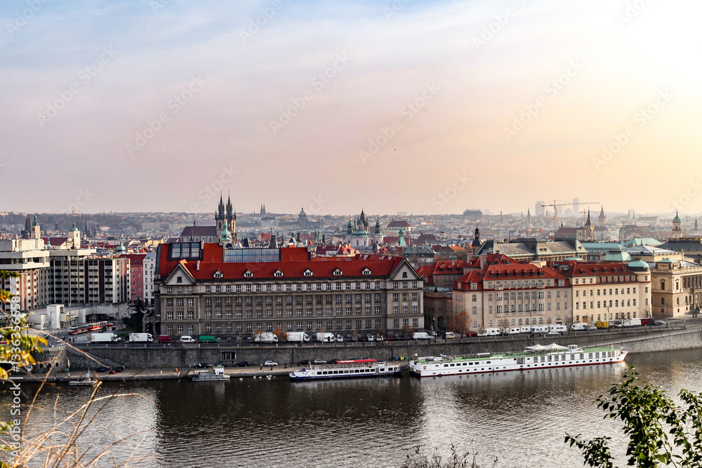 Naklejka premium A city Prague in Czech Republic view with a tall building in the background