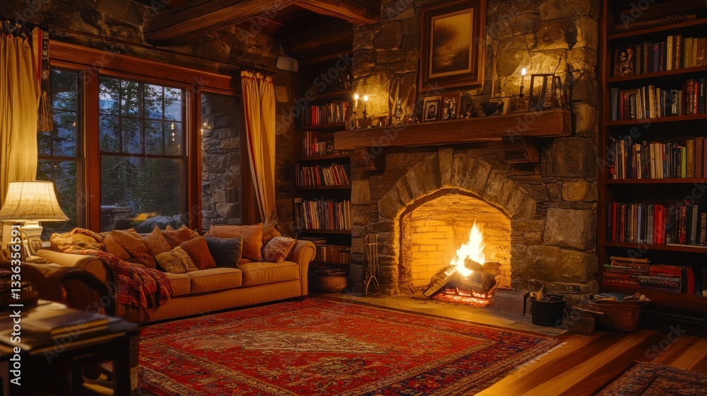 Obraz premium A cozy room features a lit fireplace and comfy seating