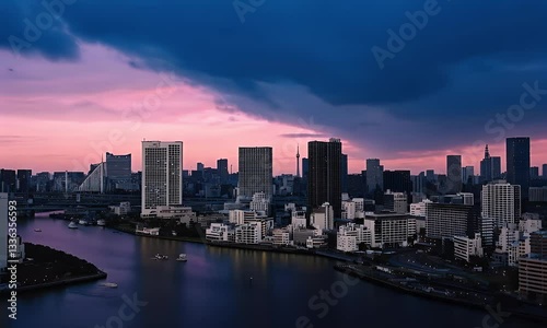 Wallpaper Mural Cityscape sunset over river, buildings, twilight sky.  Use website background, travel brochure Torontodigital.ca