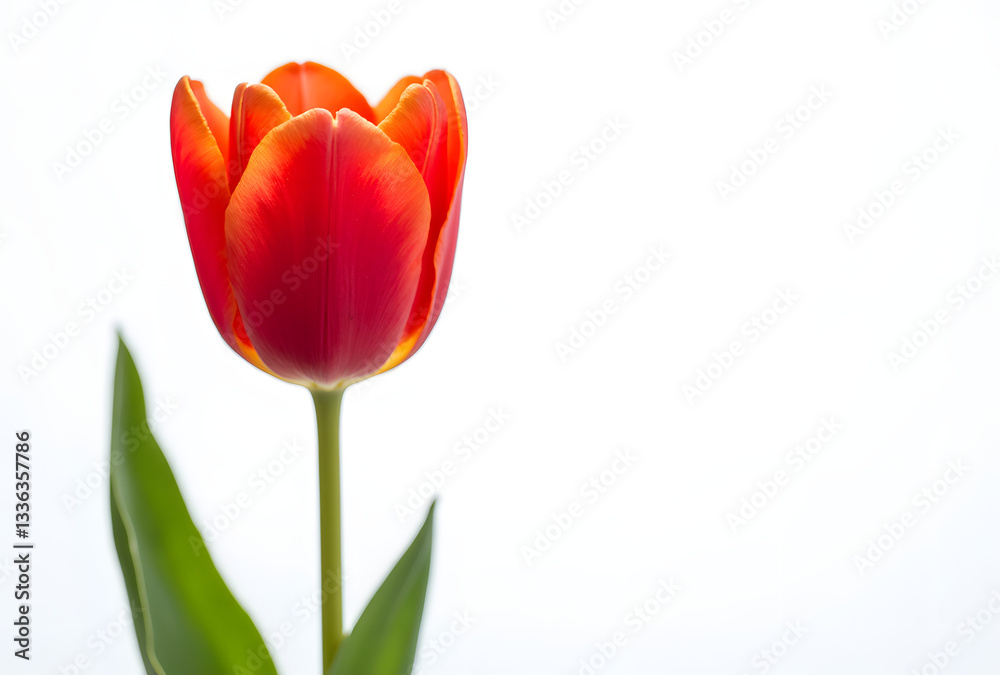 Vibrant Red Tulip with Bright Petals Against a Soft White Background Vibrant Red Tulip with Bright Petals Against a Soft White Background