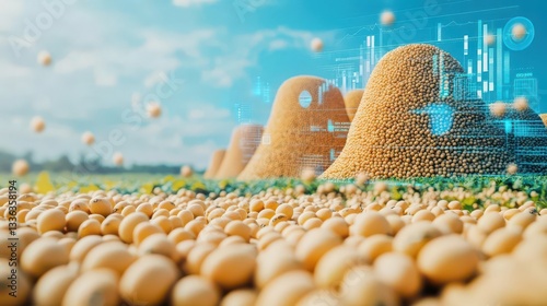 A photograph of towering piles of soybeans with a holographic financial data visualization chart,representing the agricultural economy,technology,and sustainable progress