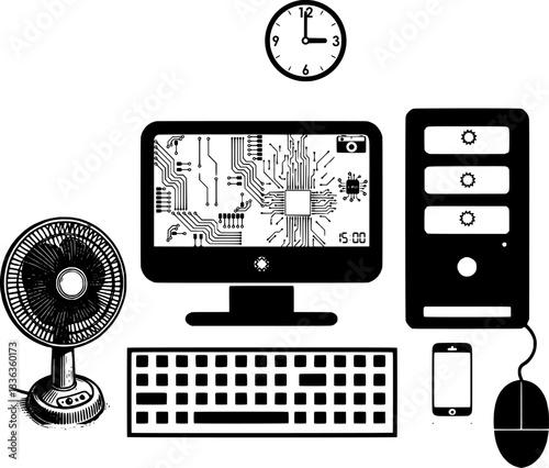 This image features a black-and-white illustration of a workspace with a computer setup.