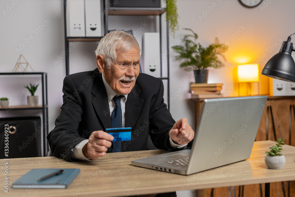 Caucasian angry mad stressed senior businessman try to pay online shopping with smartphone blocked credit card. Annoyed grandpa buying, bank refuse problem unsuccessful payment lack of money balance. Caucasian angry mad stressed senior businessman try to pay online shopping with smartphone blocked credit card. Annoyed grandpa buying, bank refuse problem unsuccessful payment lack of money balance.
