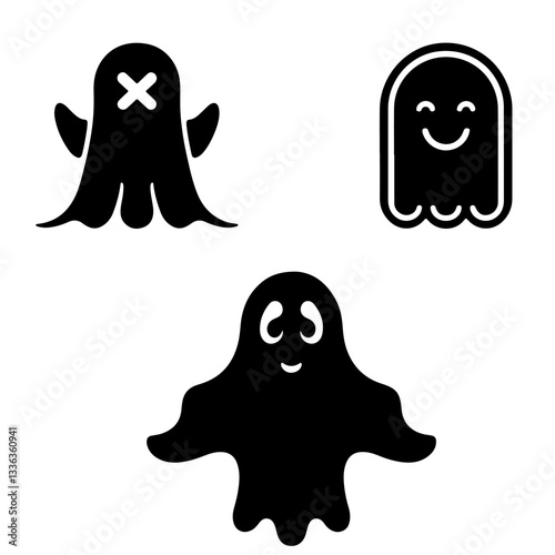 Icons with cute ghost stickers for Halloween or paranormal phenomena. Set of vector silhouette sketches in black color
