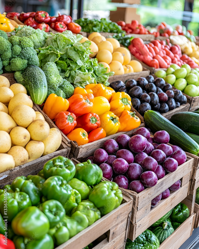 Colorful display of fresh produce in wooden crates at a farmer's market Colorful display of fresh produce in wooden crates at a farmer's market