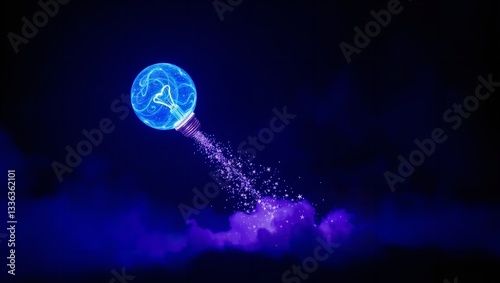 A vibrant electric blue glowing light bulb with illumination

 photo