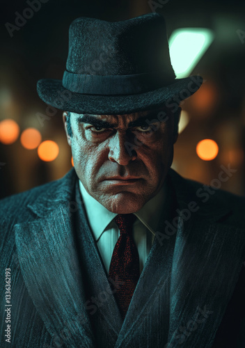 Vintage Mafia Boss – Intimidating Man in Classic Suit and Fedora Hat