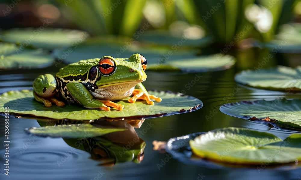 A vibrant green frog resting on a lily pad in a tranquil pond setting.
