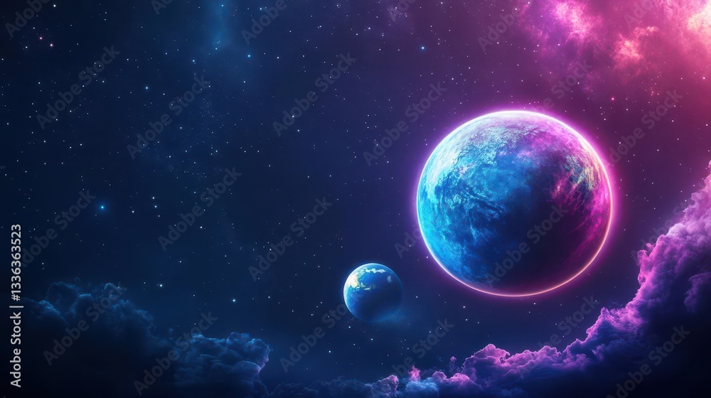 Obraz premium A vibrant alien planet in the dark night sky with Earth visible in the distance, surrounded by stars and clouds, creating a fantastical cosmic landscape