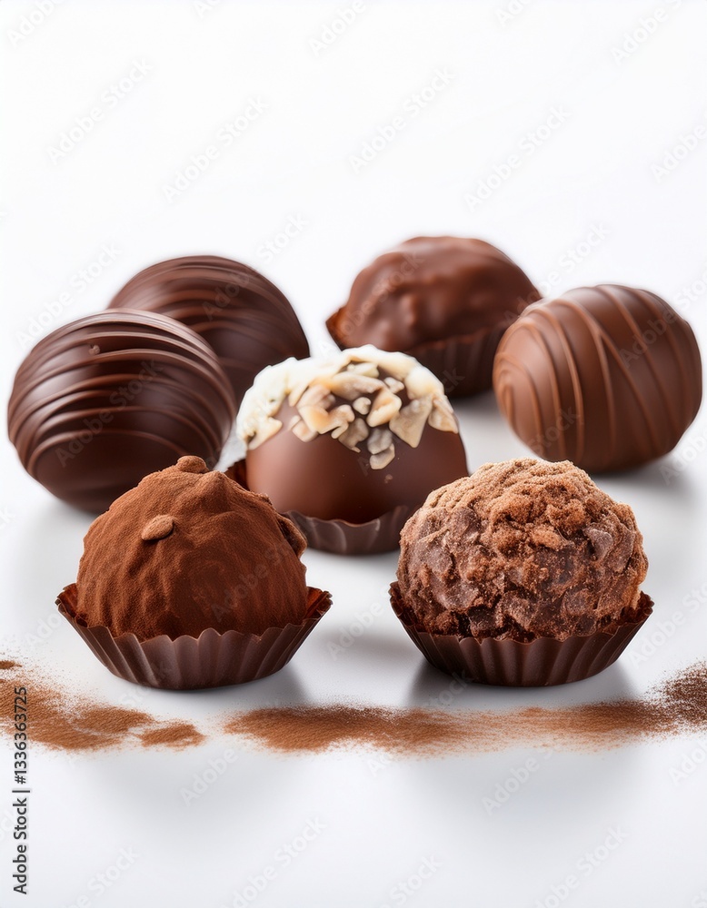 A set of gourmet chocolate truffles neatly arranged on a pure white background. A set of gourmet chocolate truffles neatly arranged on a pure white background.