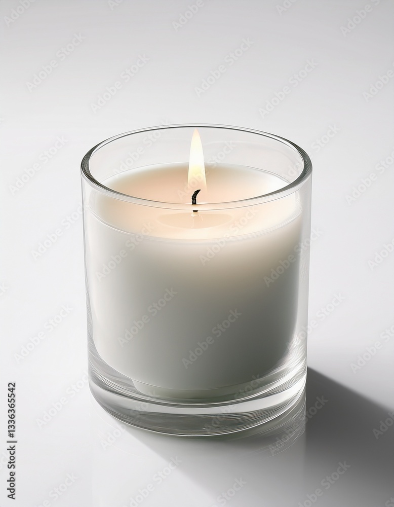 A single lit scented candle in a clear glass holder on a pure white background. A single lit scented candle in a clear glass holder on a pure white background.