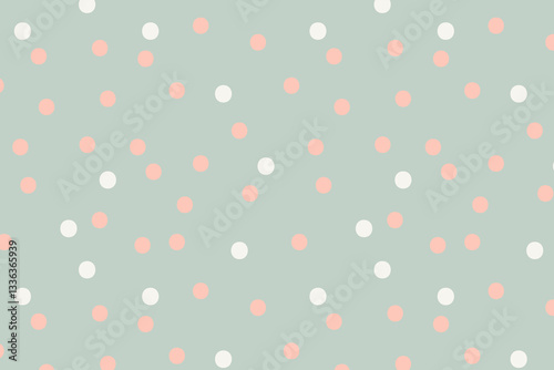 Seamless polka dot pattern. Delicate abstract background with pink and white circles on a blue background. Suitable for printing on fabrics, bed linen and clothes. Vector background for paper