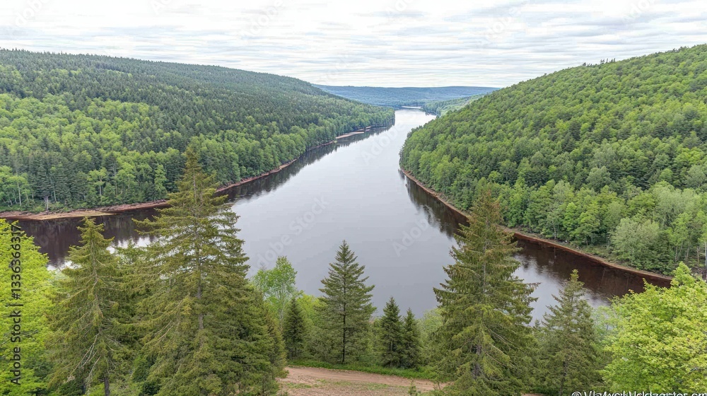 A scenic view of a lake surrounded by lush green forests A scenic view of a lake surrounded by lush green forests