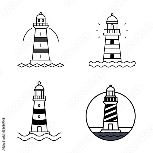realistic vector lighthouse icon. modern lighthouse with glowing beacon. detailed navy blue lighthouse illustration.