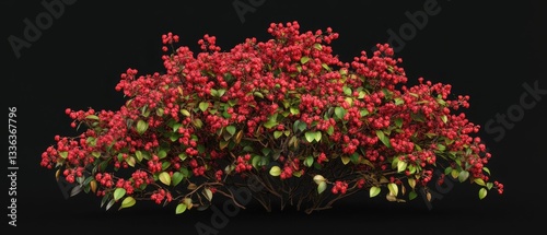 Vibrant red flowering plant showcasing lush greenery against a dark background.