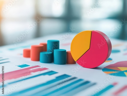 A wellstructured arrangement of vibrant pie charts and bar graphs on documents, representing a thorough analysis for a business presentation or meeting photo
