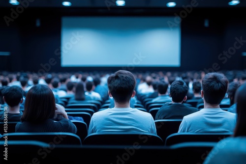A wide back view of a large conference hall or seminar room filled with rows of people sitting in an audience