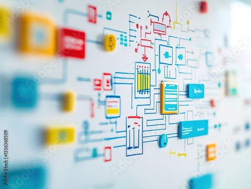 A whiteboard covered in a detailed data flow diagram