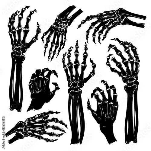 Black and white vector illustration of skeleton hands making various gestures and signs. The bony structures of fingers and wrists are detailed, creating a striking anatomical design.