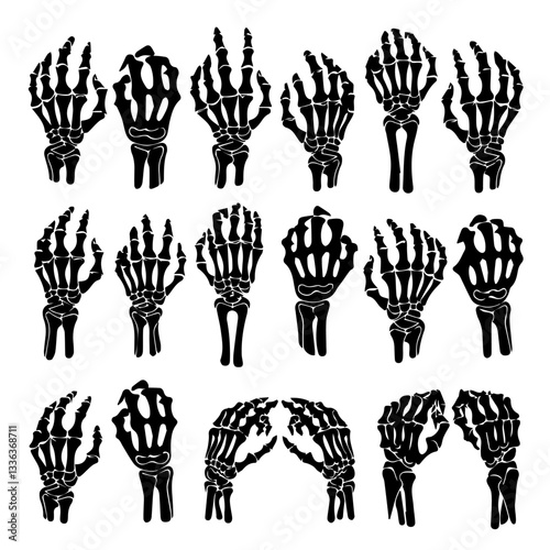 Black and white vector illustration of skeleton hands making various gestures and signs. The bony structures of fingers and wrists are detailed, creating a striking anatomical design.