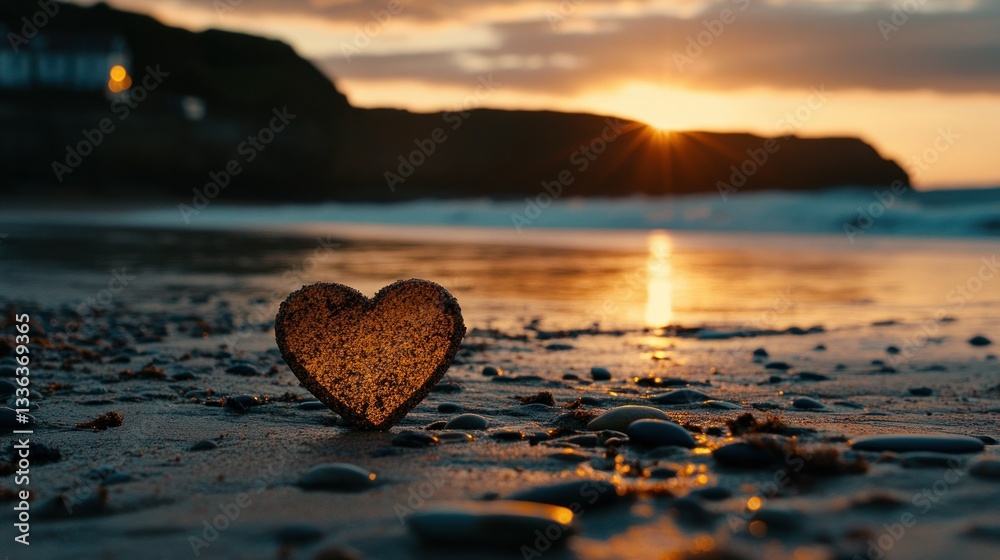 Fototapeta premium A heart shaped object on a beach with a sunset backdrop