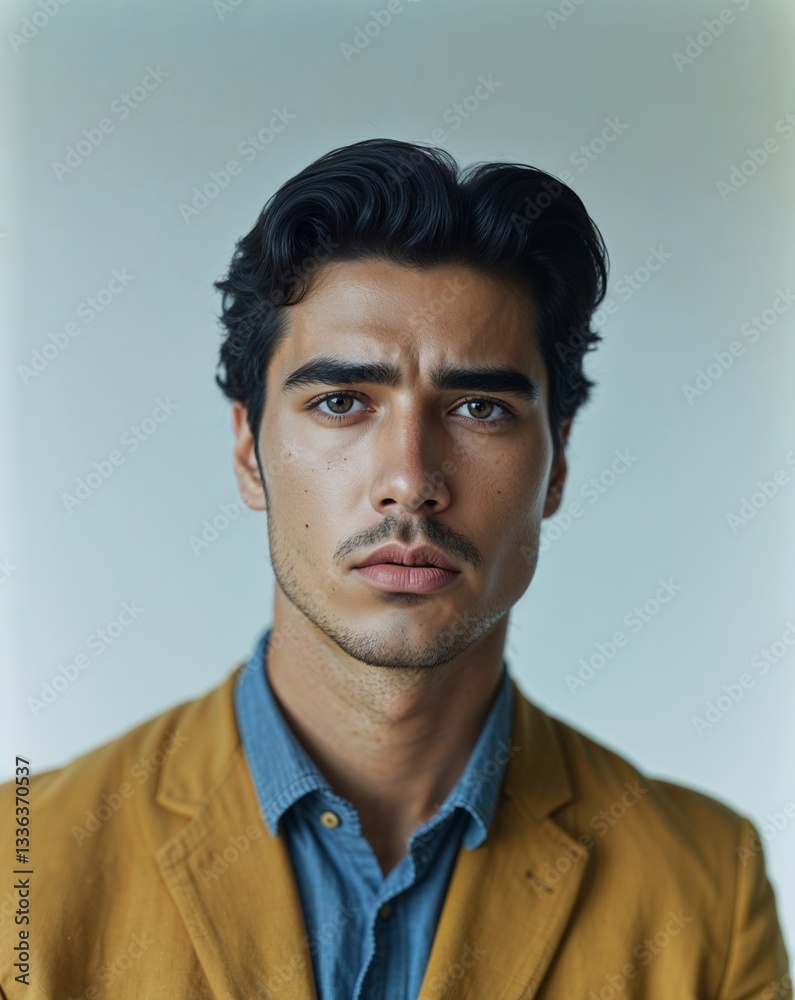 latin Hispanic 20s age guy serious on plain white clean background model portrait pose close up latin Hispanic 20s age guy serious on plain white clean background model portrait pose close up