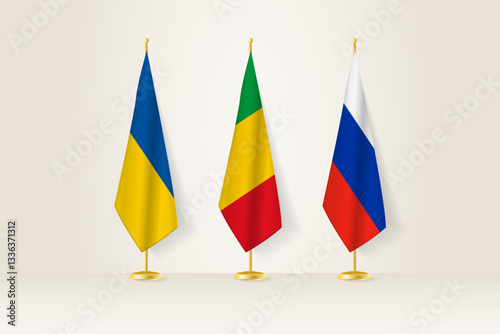 Diplomatic Meeting Representation, Ukraine, Mali and Russia Flags. Flags on Diplomatic Stands.