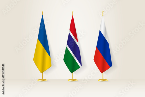 Diplomatic Meeting Representation, Ukraine, Gambia and Russia Flags. Flags on Diplomatic Stands.