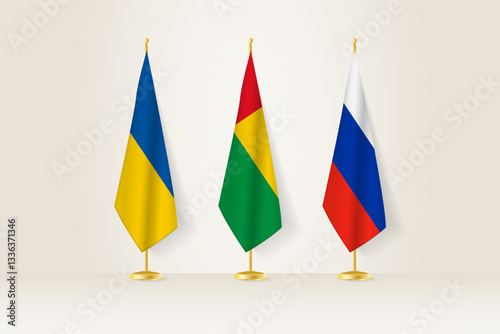 Diplomatic Meeting Representation, Ukraine, Guinea-Bissau and Russia Flags. Flags on Diplomatic Stands.