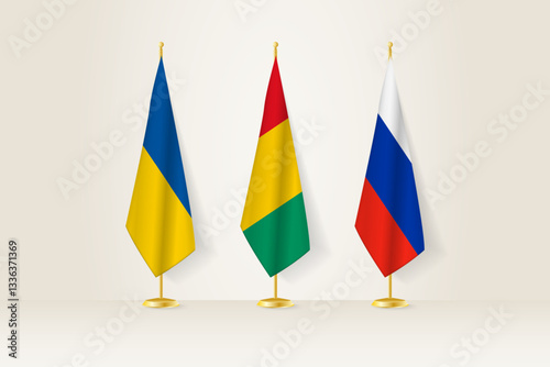 Diplomatic Meeting Representation, Ukraine, Guinea and Russia Flags. Flags on Diplomatic Stands.