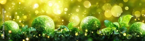 Green spheres surrounded by lush vibrant foliage and sparkling light