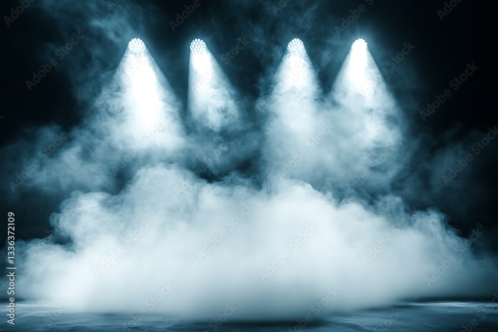 Fototapeta premium Three spotlights illuminating smoky stage. (3)