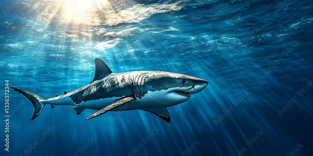Naklejka premium Experience the majesty of the great white shark in its natural deep ocean habitat.