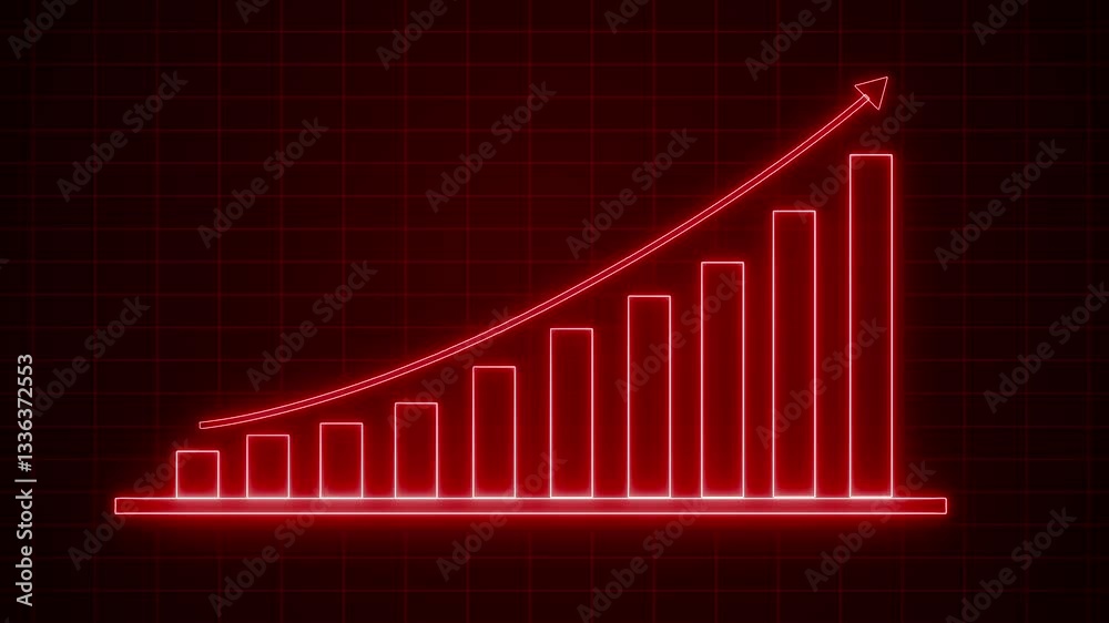 Glowing Positive Business Bar Chart with Upward Trend Animation, A glowing bar chart with an upward trend on a dark grid background