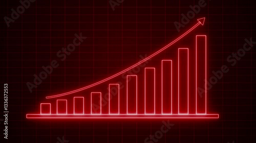 Glowing Positive Business Bar Chart with Upward Trend Animation, A glowing bar chart with an upward trend on a dark grid background