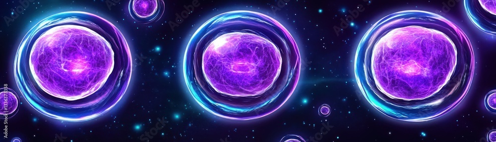 Several glowing purple cells floating in a dark space background Several glowing purple cells floating in a dark space background