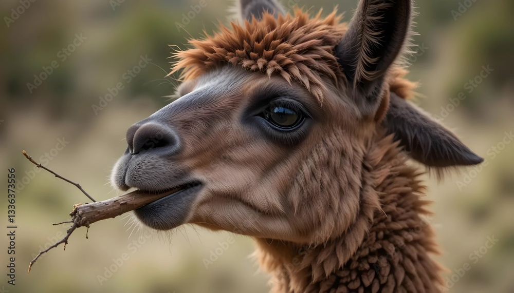 Fototapeta premium Brown Alpaca Chewing Twig Outdoors