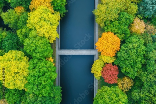 Aerial view of sewage inflow channels leading to a treatment plant