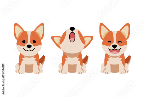 Set of vector cartoon character cute corgi dog for design.