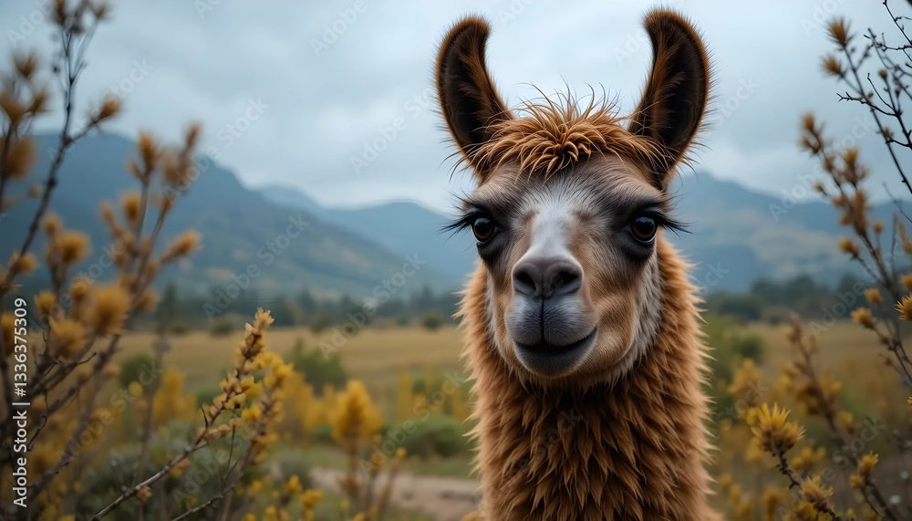 Obraz premium Llama Portrait in Mountainous Landscape