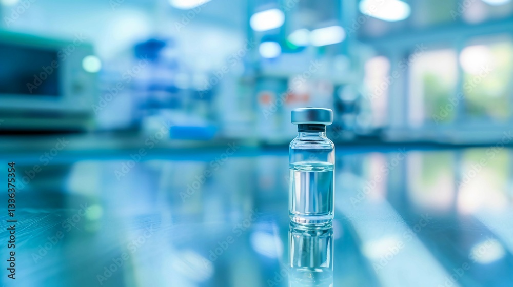 Close-up of a single measles vaccine vial on a clean, sterile surface with medical equipment in the background. Healthcare, immunization, and medical research concepts. Close-up of a single measles vaccine vial on a clean, sterile surface with medical equipment in the background. Healthcare, immunization, and medical research concepts.