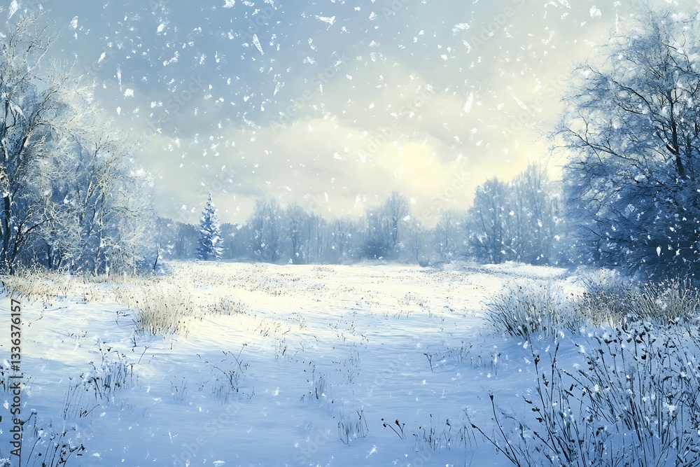 Fototapeta premium Winter landscape of trees and field is covered in snow falling for a Christmas scene