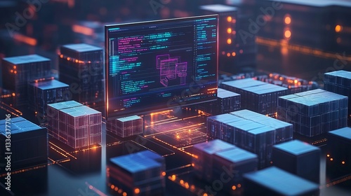 A futuristic digital city with data visualization on screen 