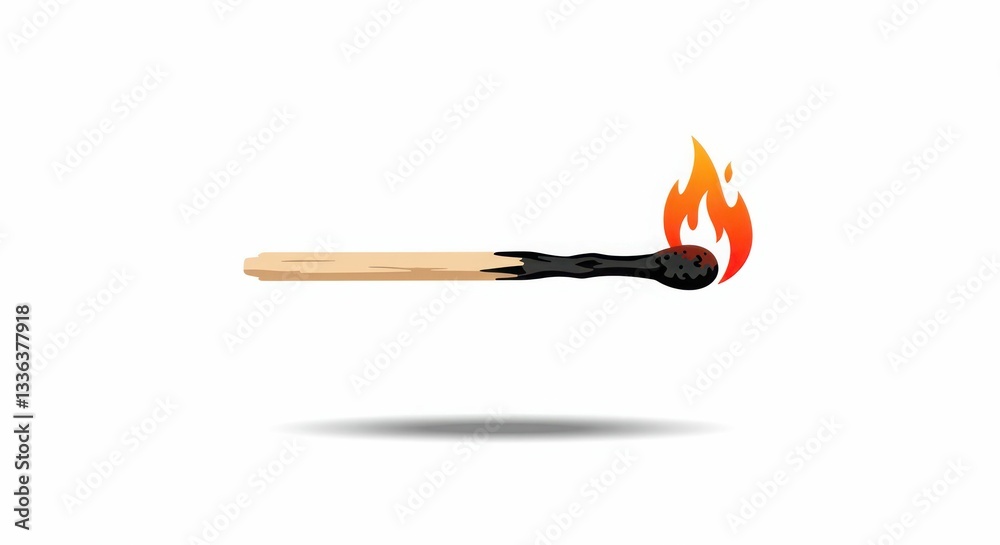Burnt matchstick with flame and shadow on white background Burnt matchstick with flame and shadow on white background