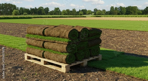 Stacked grass turf rolls on wooden pallet in field with clear sky and trees in background