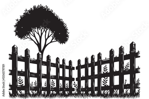 Enchanting garden illustration of rustic fence and lush tree silhouette