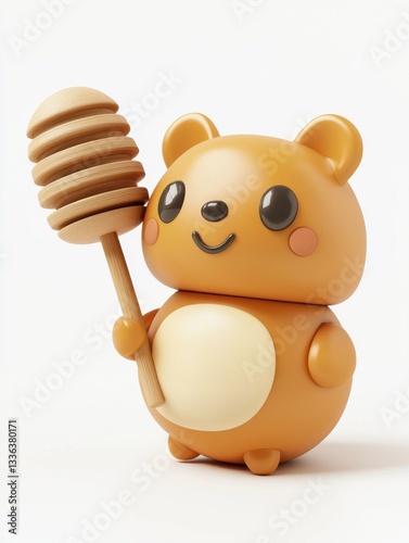 Cute cartoon character bear holding honey dipper in playful pose with vibrant colors and friendly expression