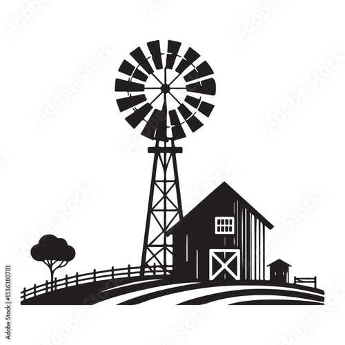 Silhouette Windmill and Barn Illustration Countryside Farm Vector Design